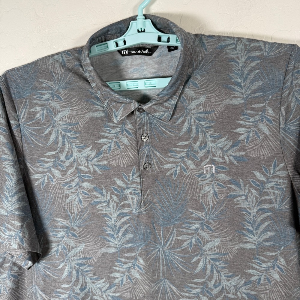 Travis Mathew Polo Shirt Mens 2XL Gray Floral Palm Leaf Pima Cotton Golf Casual